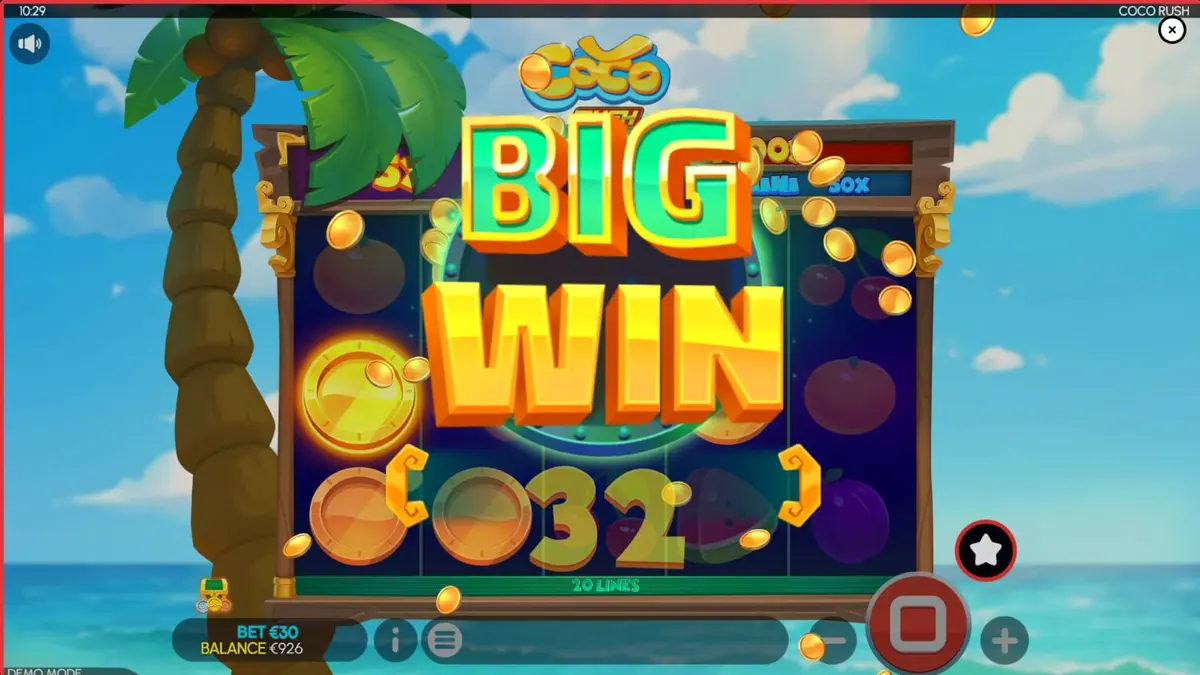 Cenário tropical vibrante do slot Coco Rush com palmeiras e tesouros