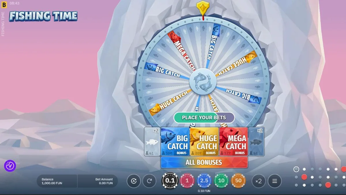 Roda de jogo tematica de pesca no slot Fishing Time da BGaming