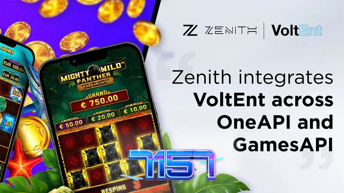 Captura de tela de um jogo de slot vibrante da VoltEnt, mostrando rolos cheios de símbolos coloridos e um botão de giro, representando a emoção dos jogos agora disponíveis na plataforma Zenith.
